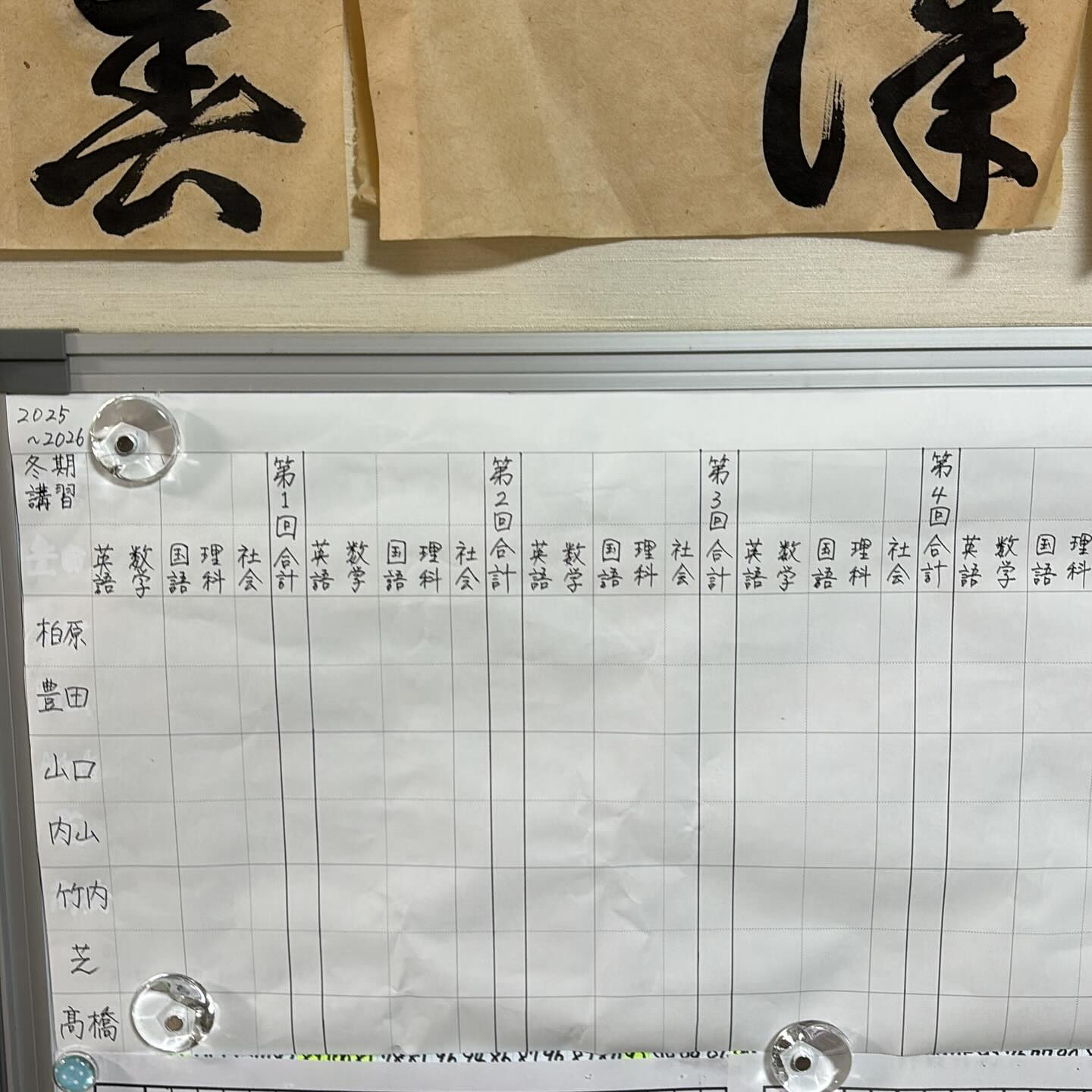 冬期講習のテスト結果を書き込む　表の準備ができた